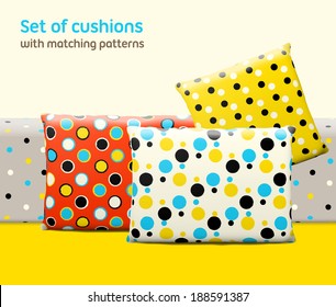Set of cushions and pillows with matching seamless patterns. Interior, furniture design elements. EPS10 vector, meshes, transparencies used. Pattern swatches included