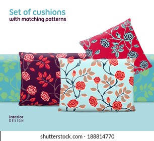 Set of cushions and pillows with matching seamless patterns. Interior, furniture design elements. EPS10 vector, meshes, transparencies used. Pattern swatches included