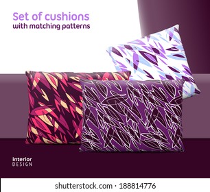 Set of cushions and pillows with matching seamless patterns. Interior, furniture design elements. EPS10 vector, meshes, transparencies used. Pattern swatches included