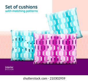 Set of cushions and pillows with matching seamless patterns. Interior, furniture design elements. EPS10 vector, meshes, transparencies used. Pattern swatches included