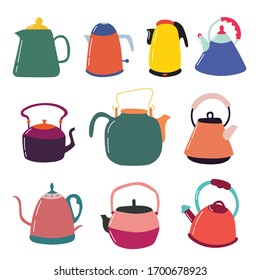 Set of custard kitchen teapots. Kitchen colorful appliances. Tea party.  Vector editable illustration