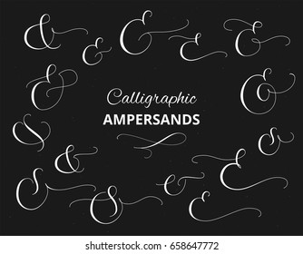 Set of custom decorative ampersands, white on black background. Hand written calligraphy, vector illustration. Great for wedding invitations, cards, banners, photo overlays and other design.