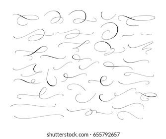 Set of custom decorative swashes and swirls isolated on white. Hand written calligraphy design elements, vector illustration. Great for wedding invitations, cards, banners, page decoration.