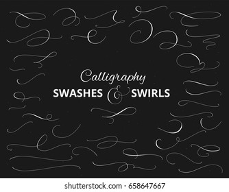 Set of custom decorative swashes and swirls, white on black. Hand written calligraphy design elements, vector illustration. Great for wedding invitations, cards, banners, page decoration.