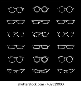 Set of custom glasses isolated.Glasses model icons. Glasses in different styles. Modern thin line vector illustration on black background.