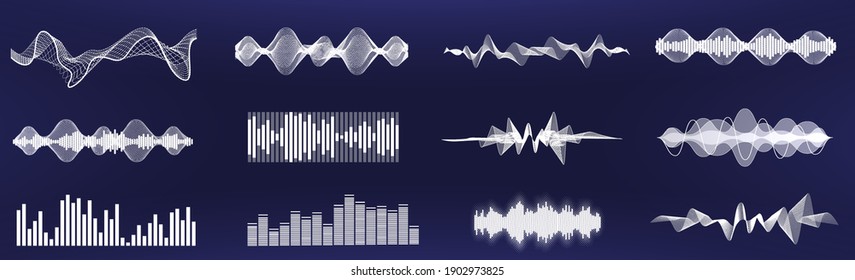 A set of custom sound waves. Frequency audio waveform, music wave in one color, easy to recolor. Tune equalizer vector set. Futuristic sound waves in HUD. Voice graph signal. Soundwaves rhythm. Vector