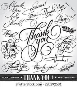 Set of custom THANK YOU hand lettering -- handmade calligraphy, vector (eps8)