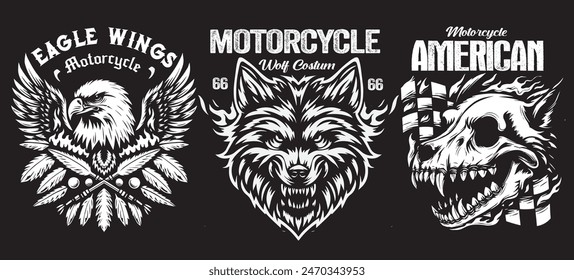 Set of custom vintage eagle, tiger and wolf emblems, intended for labels, badges, logos, prints, templates.