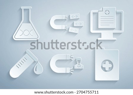 Set Customer attracting, Clinical record on monitor, Test tube with drop of blood, , Magnet money and DNA research, search icon. Vector