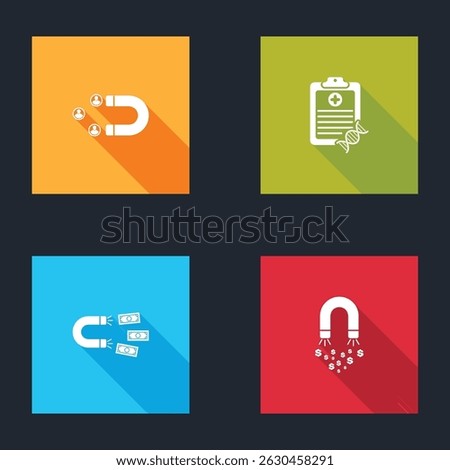 Set Customer attracting, Clipboard with DNA analysis, Magnet money and  icon. Vector