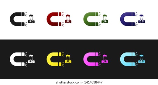 Set Customer attracting icon isolated on black and white background. Customer retention, support and service. Customer man attracting with magnet. Vector Illustration