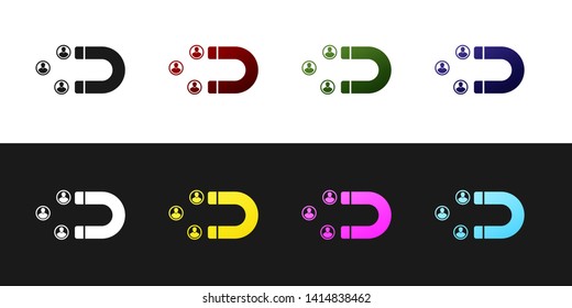 Set Customer attracting icon isolated on black and white background. Customer retention, support and service. Customer people attracting with magnet. Vector Illustration