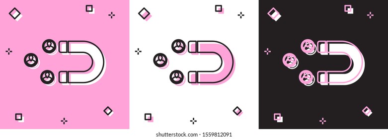 Set Customer attracting icon isolated on pink and white, black background. Customer retention, support and service. Customer people attracting with magnet.  Vector Illustration