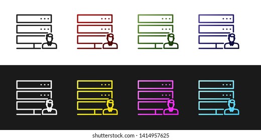 Set Customer care server icon isolated on black and white background. Tech support concept with male operator. Call center sign. Vector Illustration