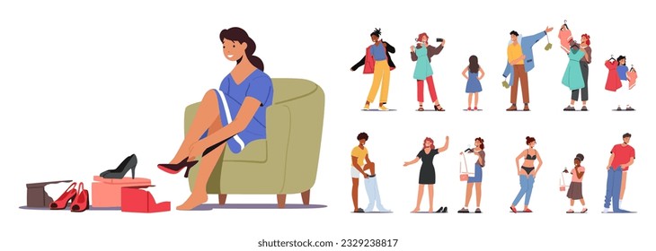 Set of Customer Characters Browse And Try On Clothes In A Store, Assessing The Fit, Style, And Comfort. They Explore Various Options To Find The Perfect Outfit. Cartoon People Vector Illustration