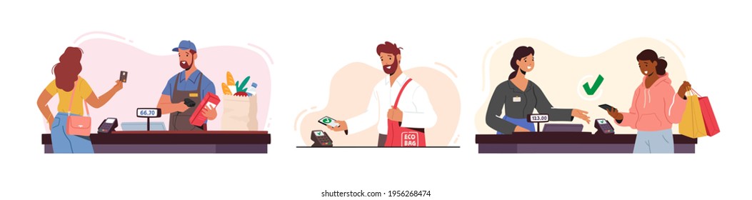 Set of Customer Characters Online Noncontact Payment. Buyers Hold Credit Cards and Gadgets. People with Purchases at Cashier, Salesman Use Pos Terminal for Cashless Paying. Cartoon Vector Illustration