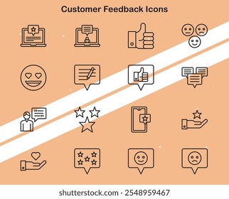 Set of customer feedback icons illustrating rating and review systems ideal for business and e-commerce themes.