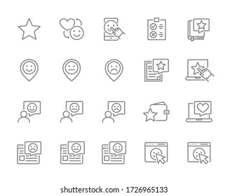 Set of customer feedback line icons. Client satisfaction, positive review, rating, add to favorites, comment and more.