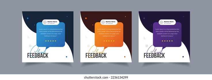 Conjunto de comentarios de clientes plantilla de diseño de publicaciones en medios sociales, testimonios de clientes con tamaño cuadrado moderno y creativo, eps 10