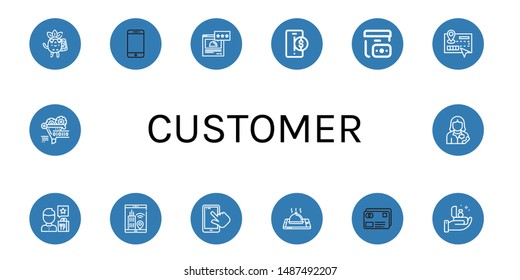 Set of customer icons such as Calling, Smartphone, Rating, Cash on delivery, Guide, Review, Credit card, Proposal, Funnel, Secretary , customer