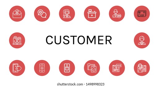 Set of customer icons such as Contact us, Support, Clerk, Front desk, Support services, Credit card, Smartphone, Clipboard, Rating, Receptionist, Online support, Secretary , customer