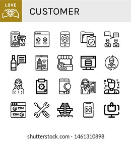 Set of customer icons such as Pride, Mobile payment, Testimonial, Smartphone, Clipboard, Feedback, Review, Shopper, Online order, Contact us, Customer service, Receptionist , customer