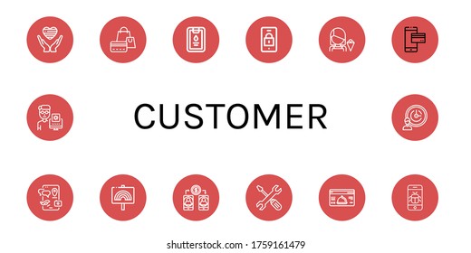 Set of customer icons. Such as Pride, Credit card, Clipboard, Smartphone, Seller, Mobile payment, Technical Support, Loyalty card, Programmer, Support services , customer icons