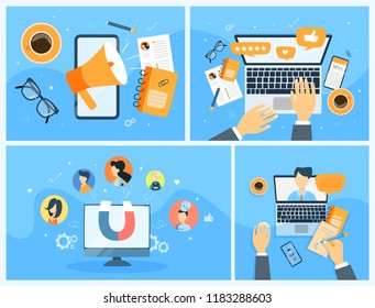 Conjunto de conceptos de fidelidad al cliente. Atraer clientes y construir relaciones. Estrategia empresarial. Obtener comentarios y dar soporte al cliente. Ilustración vectorial plana aislada