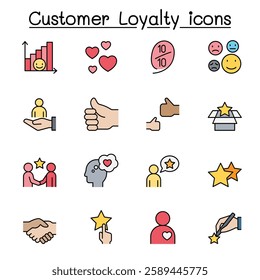 Set of Customer loyalty line . contains such  as review, comment, feedback, customer relationship managment, satisfaction and more