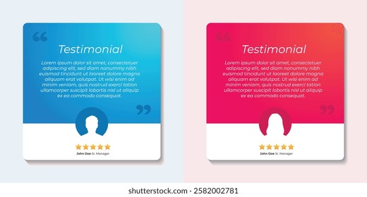 Set of customer Male and Female testimonials social media template. Latest Banner, ads and Client feedback square flyer or poster template, testimonial social media pack or ads collection. Gold Star.