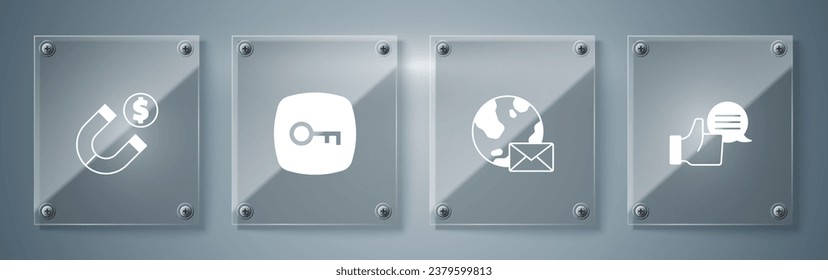 Set Customer product rating, Earth globe with mail, Key and Magnet money. Square glass panels. Vector