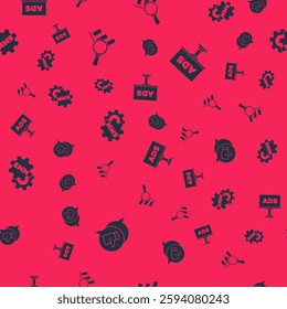 Set Customer product rating, Magnifying glass and analysis, Social media marketing and Advertising on seamless pattern. Vector