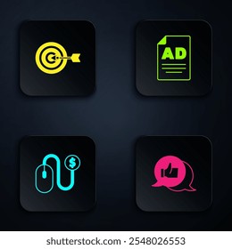 Set Customer product rating, Target, Advertising and . Black square button. Vector