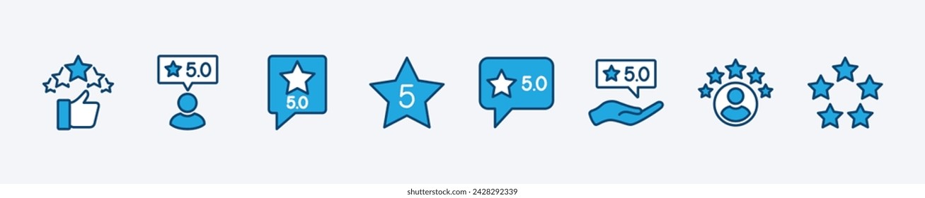 Set of customer rating review icon. Containing 5 stars, feedback, best, satisfaction, experience, quality, comment, response, testimonials for service, support and survey. Vector illustration