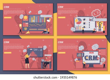 Set of Customer relationship management illustration with landing page concept. CRM system, customer management, business development, Customer profile analysis. Flat design web banner template.