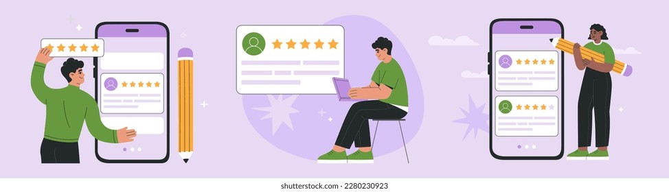 Set of customer review concept. Young people giving feedback review online or mobile apps, consumer satisfaction rating Hand drawn vector illustration isolated on purple background, flat cartoon style