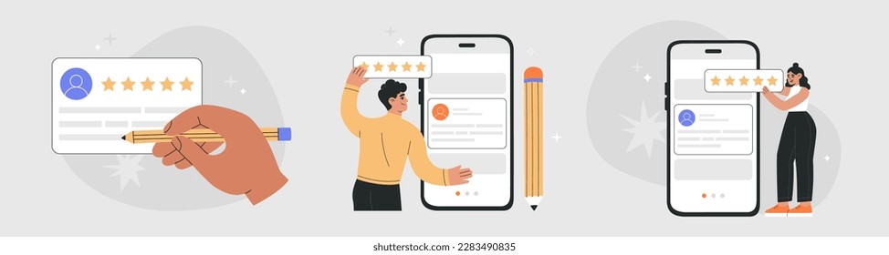 Set des Kundenüberprüfungskonzepts. Junge Menschen, die Feedback geben online oder mobile Apps, Verbraucherzufriedenheit Bewertung. Hand gezeichnete Vektorgrafik einzeln auf hellem Hintergrund, Studioaufnahme