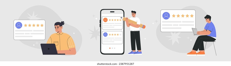 Set of customer review concept. Young people giving feedback review online and mobile apps, consumer satisfaction rating. Hand drawn vector illustration isolated on background, flat cartoon style.