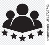 Set of customer review icons. Business client symbol, people group with five stars. Customer satisfaction signs. Grade, achievement, rating. Customer experience or 5 star satisfaction rating icon.