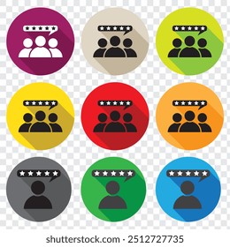 Set of customer review icons. Business client symbol, people group with five stars. Customer satisfaction signs. Grade, achievement, rating. Customer experience or 5 star satisfaction rating icon.