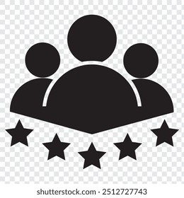 Conjunto de iconos de revisión de Cliente. Símbolo de cliente de negocios, grupo de personas con cinco estrellas. Signos de satisfacción Cliente. Grado, logro, calificación. Experiencia Cliente o ícono de calificación de satisfacción de 5 estrellas.