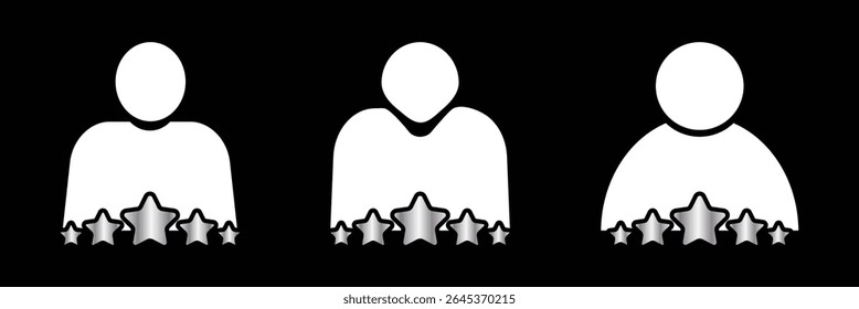 Set of customer review icons. Business client symbol, people group with five stars. Customer satisfaction signs. Grade, achievement, rating. Customer experience or 5 star satisfaction rating icon.