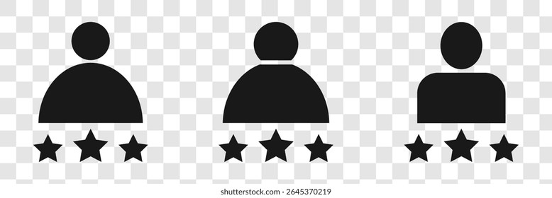 Set of customer review icons. Business client symbol, people group with five stars. Customer satisfaction signs. Grade, achievement, rating. Customer experience or 5 star satisfaction rating icon.