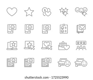 Set of customer review line icons. Client satisfaction, good service, rating, quality control, add to favorites and more.