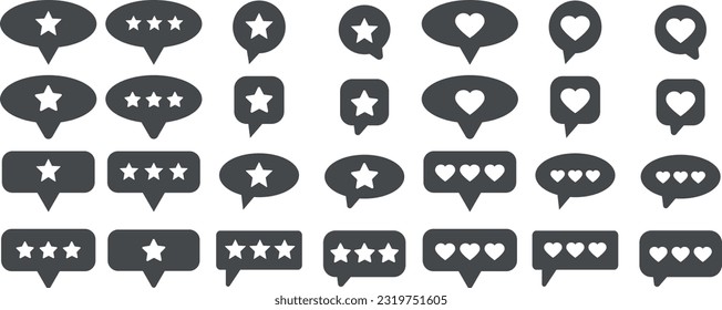 Set of customer review symbols. Feedback and communication, rating stars and like button hearts in different speech bubbles. Positive and negative comments and chat speech bubbles