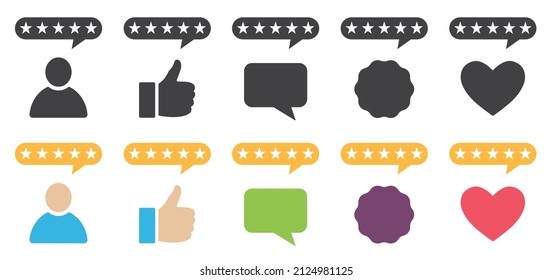 Set of customer reviews icons. Positive review of customer, 5 star. Rating, user feedback concept. Best ranking. Quality service, satisfaction level and critic.