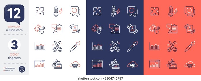 Set of Customer satisfaction, Puzzle and Technical algorithm line icons. Include Electricity power, Recovery data, Teamwork icons. Scissors, Marketing statistics, Quick tips web elements. Vector