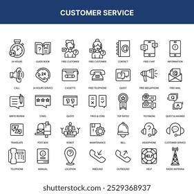 Um conjunto de ícones de atendimento ao cliente. Esses ícones representam diferentes aspectos do atendimento ao cliente, incluindo comunicação, feedback, suporte e solução de problemas.