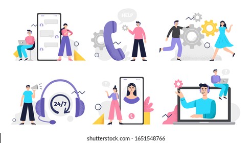 Set of customer service illustration. Girls and men answer phone calls, chatting with customers and help clients. Flat Vector illustration good for telemarketing, call centers or helpline.