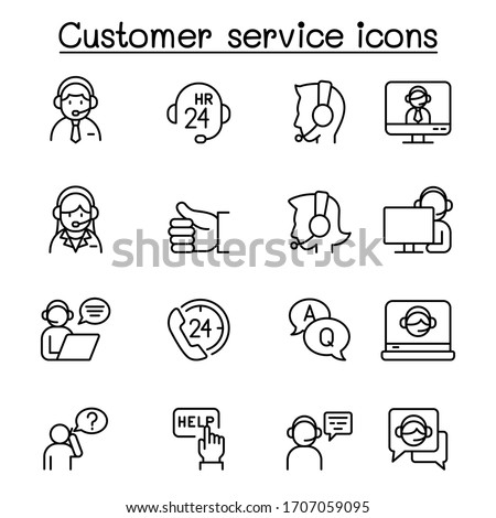 Set of Customer service related vector line icons. contains such Icons as support, call center, headset, operator, solve problem, helping and more.
